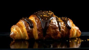 chocolate croissant em Sombrio fundo. foto