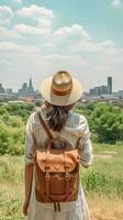 jovem mulher viajante com mochila e chapéu viajando. foto