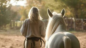 caucasiano mulher e cavalo Treinamento durante pôr do sol foto