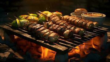 carne bifes e legumes em a grade com chamas. churrasco. foto