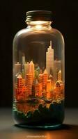 miniatura cidade dentro uma vidro garrafa foto