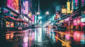 cyber punk noite cidade panorama conceito. luz brilhando em Sombrio cena. noite vida.além geração e futurista do ficção científica capital cidade e construção cena. ai gerado foto