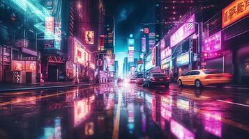 noite cena do depois de chuva cidade dentro cyberpunk estilo, futurista nostálgico anos 80, anos 90. néon luzes vibrante cores, fotorrealista horizontal ilustração. ai gerado foto