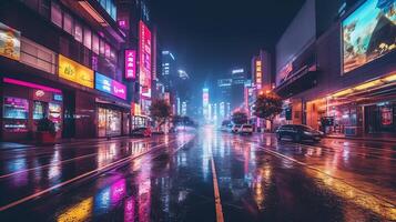 noite cena do depois de chuva cidade dentro cyberpunk estilo, futurista nostálgico anos 80, anos 90. néon luzes vibrante cores, fotorrealista horizontal ilustração. ai gerado foto