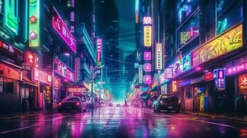 noite cena do depois de chuva cidade dentro cyberpunk estilo, futurista nostálgico anos 80, anos 90. néon luzes vibrante cores, fotorrealista horizontal ilustração. ai gerado foto