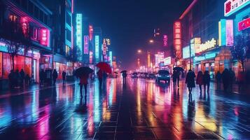 noite cena do depois de chuva cidade dentro cyberpunk estilo, futurista nostálgico anos 80, anos 90. néon luzes vibrante cores, fotorrealista horizontal ilustração. ai gerado foto