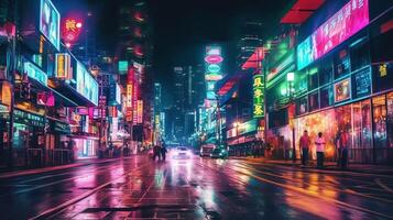 noite cena do depois de chuva cidade dentro cyberpunk estilo, futurista nostálgico anos 80, anos 90. néon luzes vibrante cores, fotorrealista horizontal ilustração. ai gerado foto