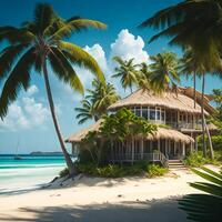 uma pitoresco de praia cena com balançando Palma árvores e uma encantador casa aninhado entre eles ai gerado foto