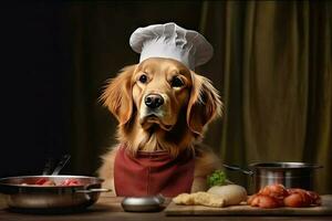 fofa cachorro dourado retriever chefe de cozinha com traje pronto para cozinhando para jantar dentro cozinha sala, engraçado momento, ingrediente para culinária, animal conceito, com generativo ai. foto