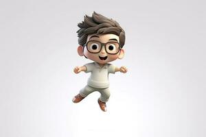 fofa kawaii retrato jovem ou pequeno Garoto vestindo óculos e casual vestir este pulando em a ar com sorrir e felicidade, flutuando dentro colorida fundo, mínimo estilo, com generativo ai. foto