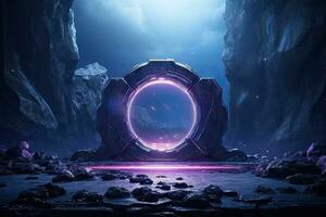 abstrato portal pedra portão com néon brilhando luz dentro a Sombrio espaço panorama do cósmico, rochoso montanha pedra campo, espectro luz efeito, com generativo ai. foto