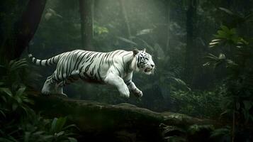 animado branco tigre corrida e saltar dentro a selva com verde plantas em a fundo. generativo ai. foto