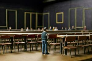 miniatura escola professor. pequeno brinquedo homem carrinhos dentro meio do Sala de aula com mesas e tabelas. conceito do Educação, Treinamento criada com generativo ai tecnologia foto