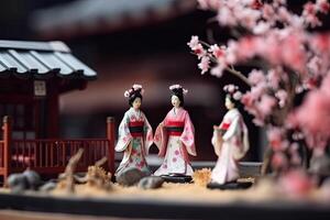 miniatura gueixa dentro quimono. japonês ásia diorama. pequeno mulher dentro tradicional traje criada com generativo ai tecnologia foto