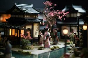 miniatura gueixa dentro quimono. japonês ásia diorama. pequeno mulher dentro tradicional traje criada com generativo ai tecnologia foto