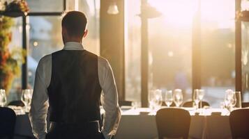 traseiro Visão do garçom em pé dentro restaurante. generativo ai foto