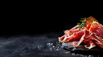 espanhol jamon presunto, prosciutto fechar-se isolado em Preto fundo cópia de espaço, generativo ai foto