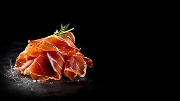 espanhol jamon presunto, prosciutto fechar-se isolado em Preto fundo cópia de espaço, generativo ai foto