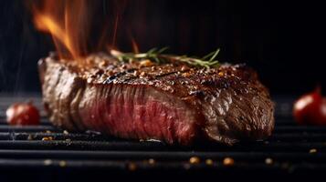 carne bife médio raro grelhado. fechadas acima e seletivo foco. generativo ai foto