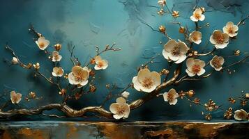3d ouro banhado flor dentro ciano azul estético fundo ai gerado foto