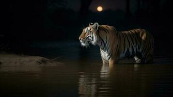 uma Bengala tigre, cruzando uma sereno rio debaixo a luar foto