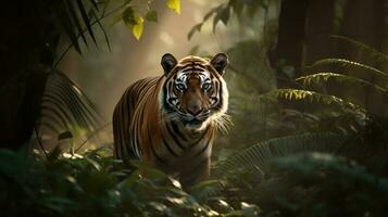 uma Bengala tigre, perseguição Está presa dentro a coração do a selva foto
