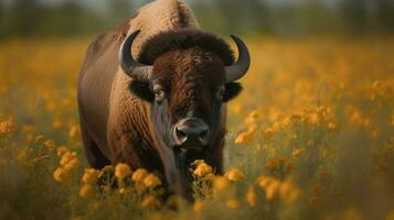 uma orgulhoso americano búfalo, Está pele fluindo com a brisa, carrinhos no meio uma tirar o fôlego campo do flores silvestres foto