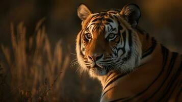 uma Bengala tigre, Está sentidos aumentado, olhos atentamente levantamento a arredores para à espreita Perigo foto