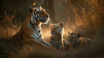 uma Bengala tigre, jogando com Está filhotes dentro uma ensolarada Prado foto