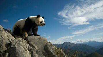 uma gigante panda, empoleirado Alto em uma rochoso montanha pico, Está rico Preto e branco pele em pé Fora contra a azul azul do a céu foto