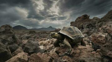 uma galápagos tartaruga, atravessando a vulcânico paisagem, cada degrau reverberando com séculos do existência foto
