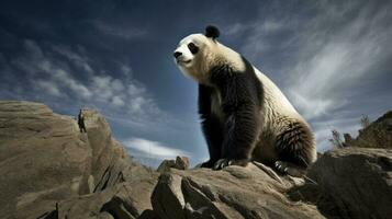 uma gigante panda, empoleirado Alto em uma rochoso montanha pico, Está rico Preto e branco pele em pé Fora contra a azul azul do a céu foto