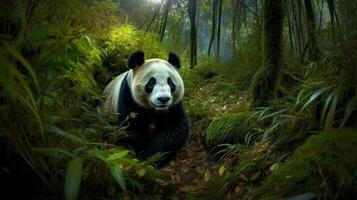 uma gigante panda, de brincadeira rolando no meio a alta bambu talos, Está infeccioso energia dominando a tranquilo madeiras foto