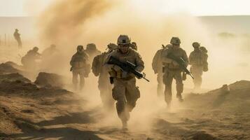 uma grupo do soldados avançando através uma estéril e deserto foto