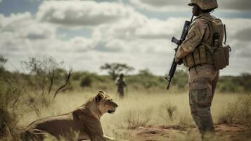 uma leoa e uma soldado trabalhando juntos para resgate uma pequeno filhote, com a africano savana alongamento Fora atrás eles foto