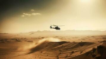 uma militares helicóptero vôo baixo sobre uma deserto paisagem, chutando acima uma pluma do pó, a severo Sol fundição grandes sombras, a áspero terreno alongamento Fora para a horizonte foto