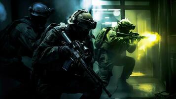 uma militares especial forças equipe infiltrando uma alta seguranca instalação, usando noite visão óculos e suprimido armas de fogo foto