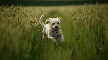 feliz animal cachorro cachorro brincando dentro a grama, uma cenário do puro felicidade Como isto traços através a verdejante campo foto