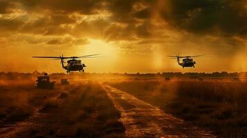 militares e helicóptero tropas em a caminho para a campo de batalha às pôr do sol foto