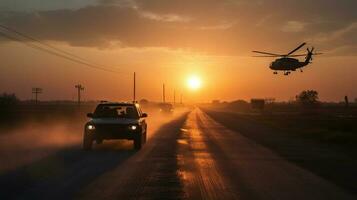 militares e helicóptero tropas em a caminho para a campo de batalha às pôr do sol foto