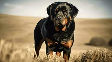 rottweiler, Está muscular Formato brilhantemente contrastado contra a aberto campo. Está olhos, refletindo a caloroso sol, expressar a inato inteligência e fidelidade foto