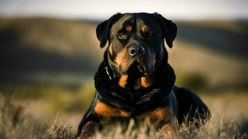 rottweiler, Está muscular Formato brilhantemente contrastado contra a aberto campo. Está olhos, refletindo a caloroso sol, expressar a inato inteligência e fidelidade foto