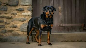 rottweiler, Está muscular Formato brilhantemente contrastado contra a aberto campo. Está olhos, refletindo a caloroso sol, expressar a inato inteligência e fidelidade foto