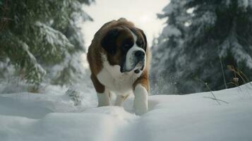 uma santo Bernardo cachorro rastreamento através a neve dentro procurar do uma odor foto