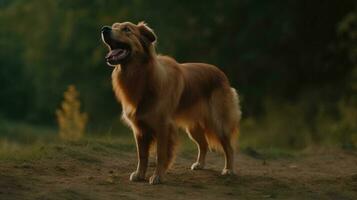 uma cachorro excitadamente abanando Está rabo Como isto ouve uma familiar som foto