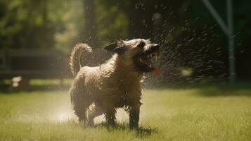 uma cachorro alegremente corrida através uma aspersor em uma quente verão dia foto