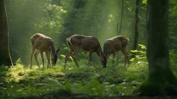 uma família do veado silenciosamente pastar dentro uma floresta compensação foto
