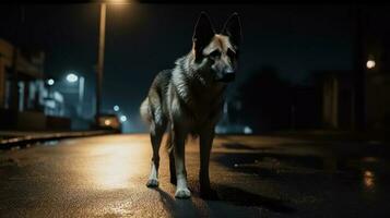 uma guarda cachorro patrulhando Está território às noite foto
