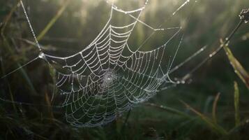 uma maciço teia de aranha brilhante com manhã orvalho foto