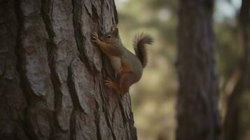 uma esquilo escapando uma predador de agilmente escalada uma árvore foto